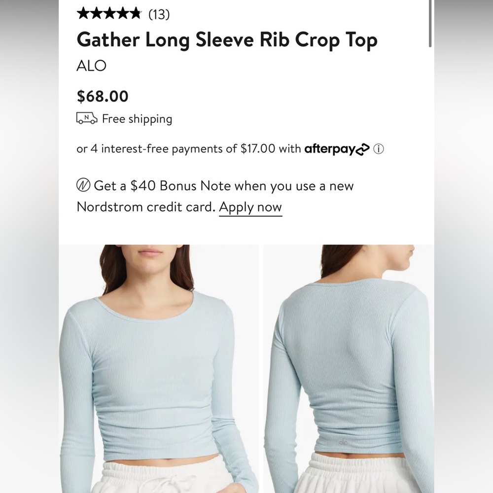 Alo Yoga Gather Long Sleeve Rib Crop Top Size Medium in Grey